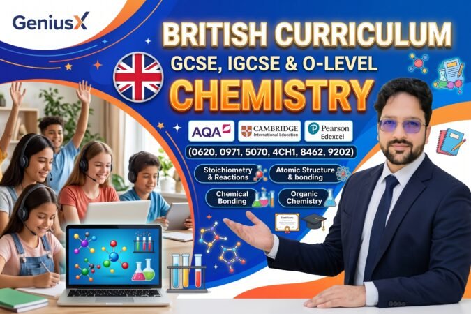 Experienced British Curriculum Chemistry tutor on GeniusX, with natural subtle smile and arms crossed, welcoming GCSE, IGCSE, and O-Level students.