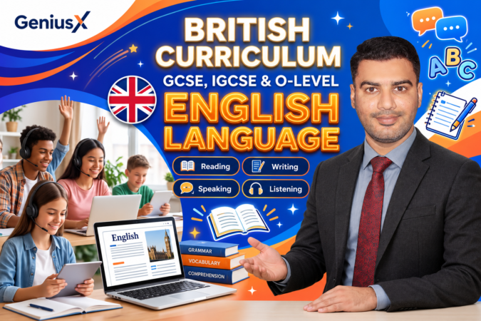 GeniusX online English Language tuition for GCSE, IGCSE and O Level, featuring teacher Sarmad.